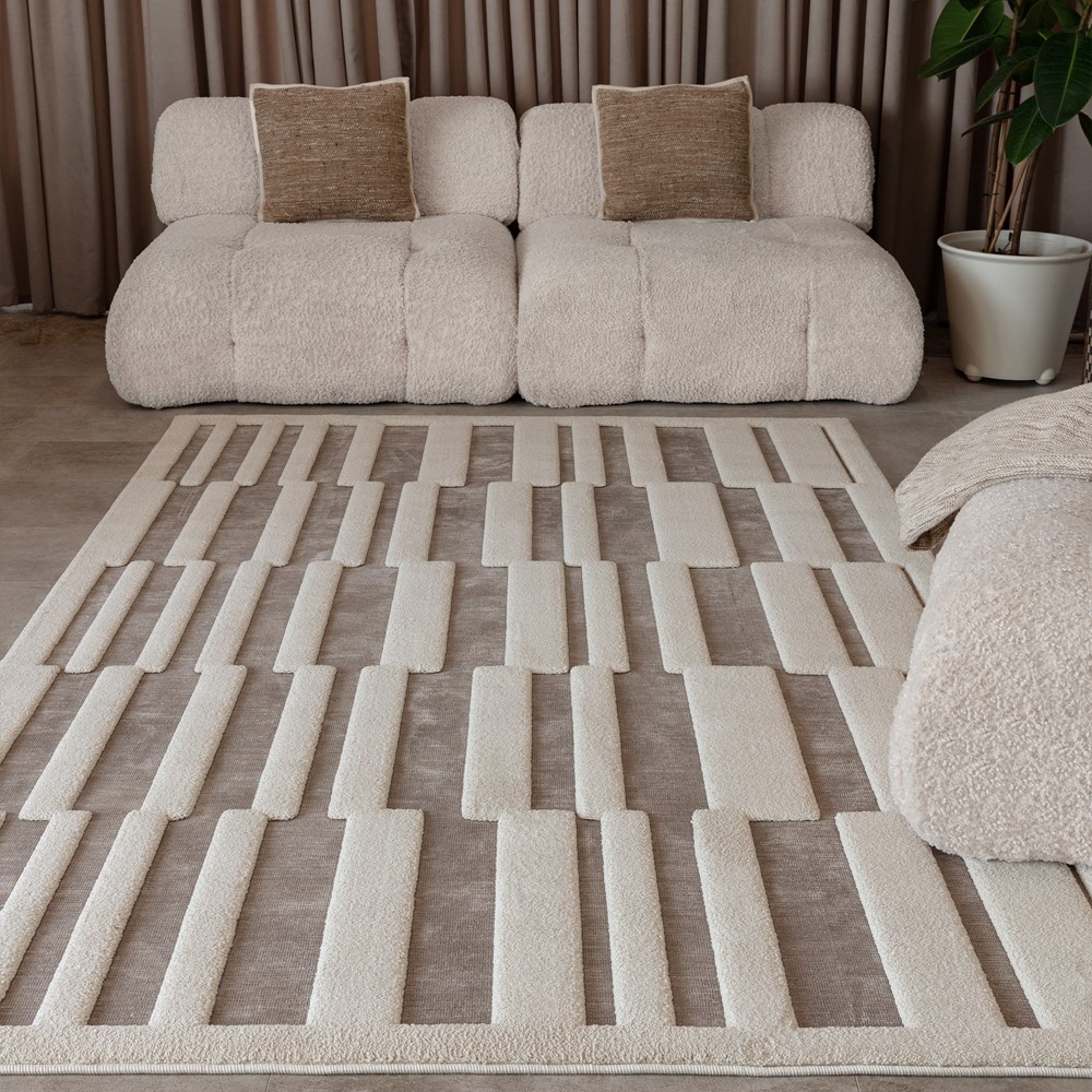 Valley Tile Geometric 3D Rug in Natural Beige Ivory